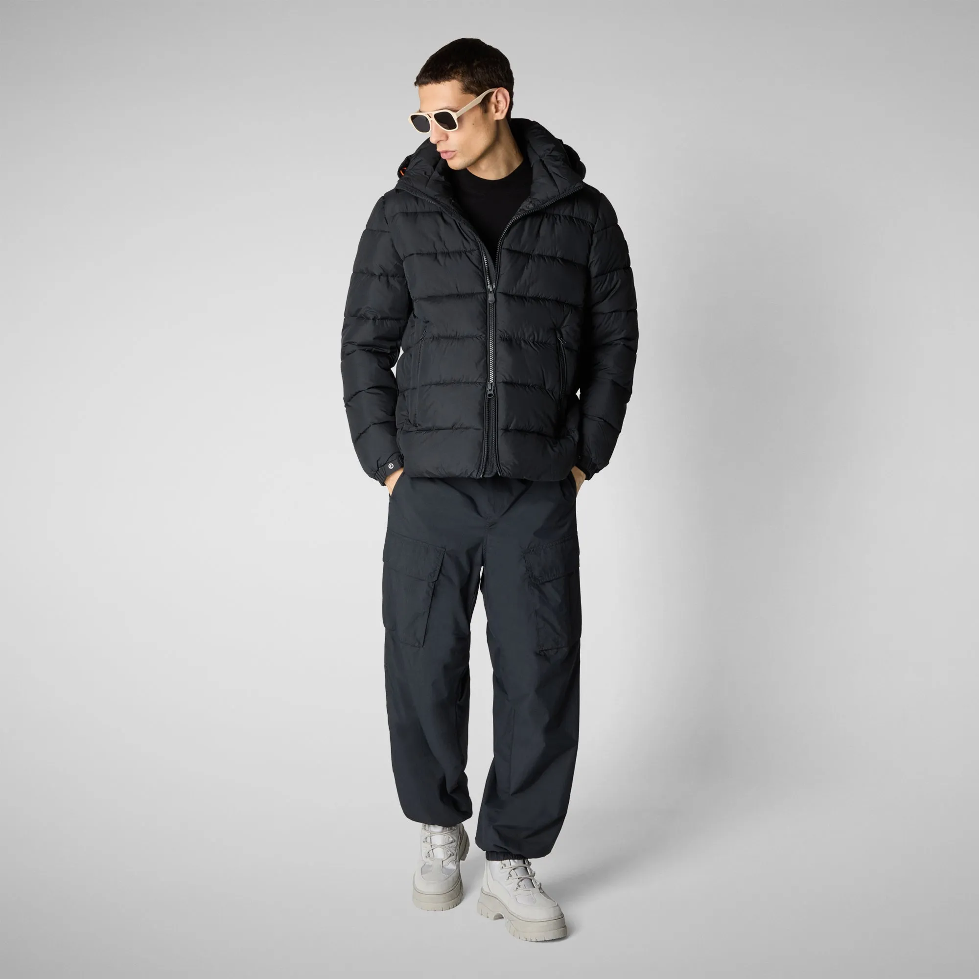 Man's animal free hooded puffer jacket Boris in blue black