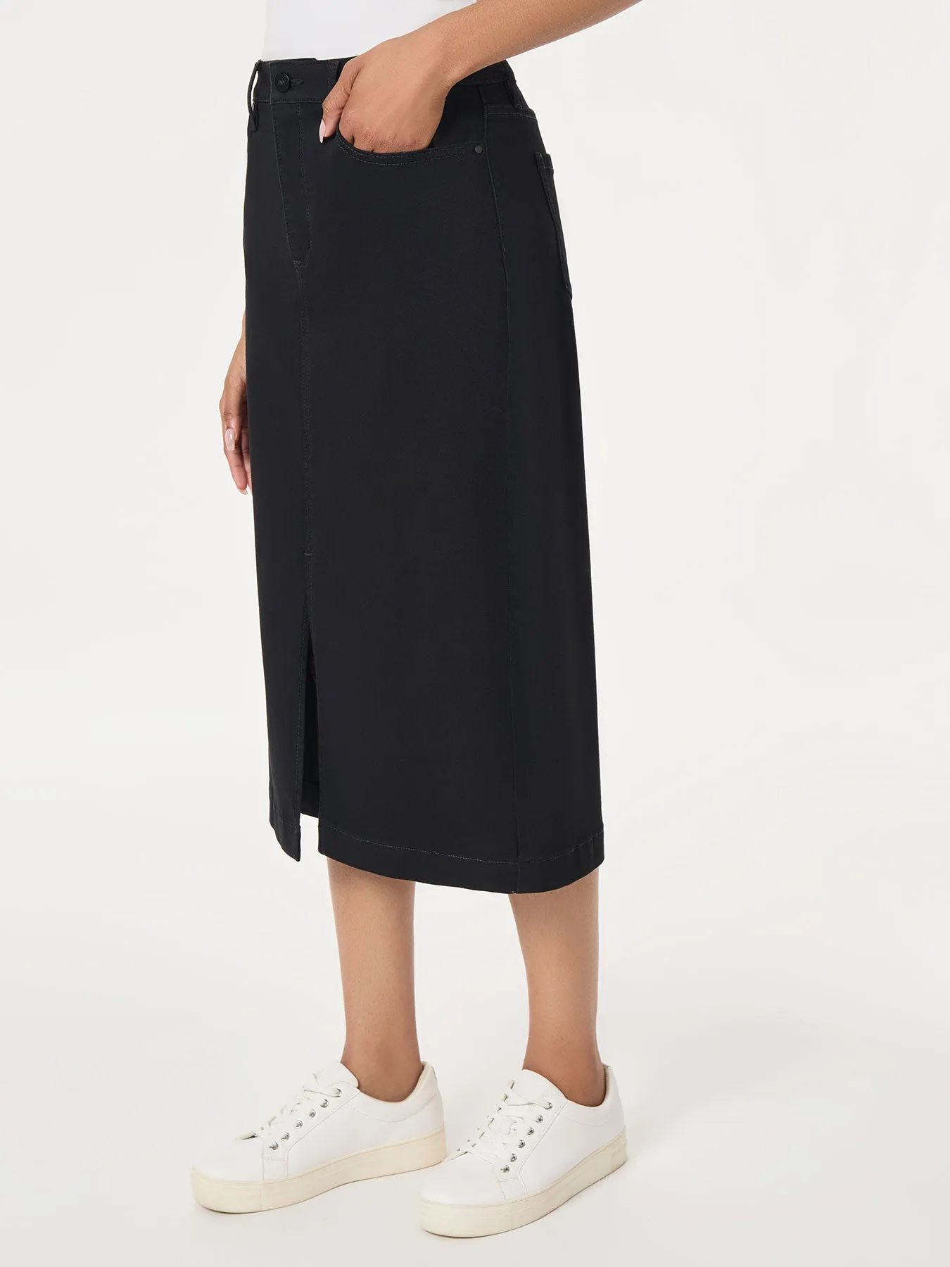 Midi Denim Front Slit Skirt, Onyx Wash