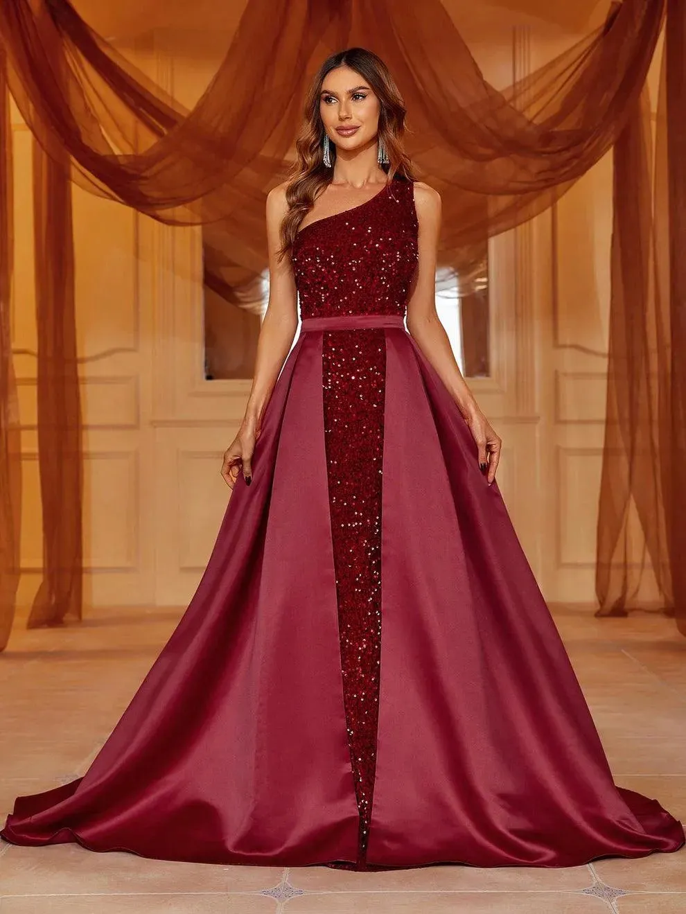 One Shoulder Satin Overlay Sequin Mermaid Dresses