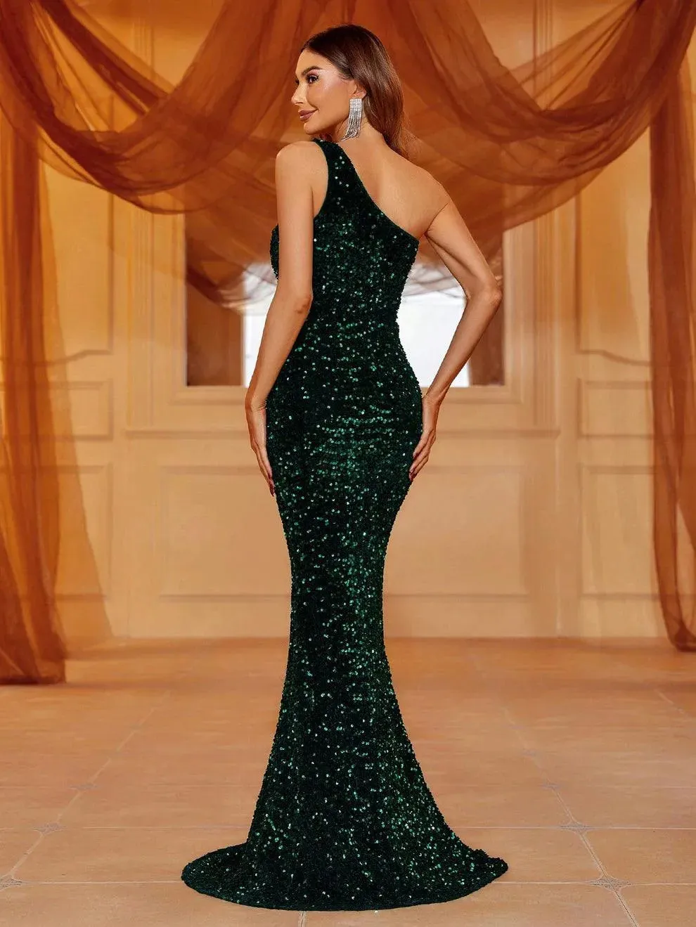 One Shoulder Satin Overlay Sequin Mermaid Dresses