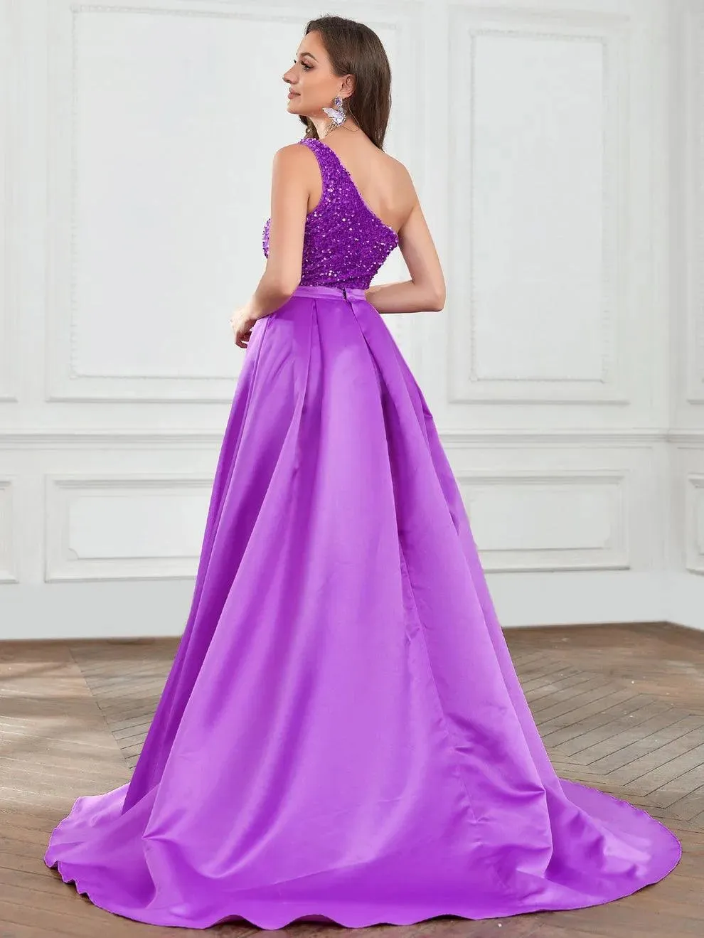 One Shoulder Satin Overlay Sequin Mermaid Dresses