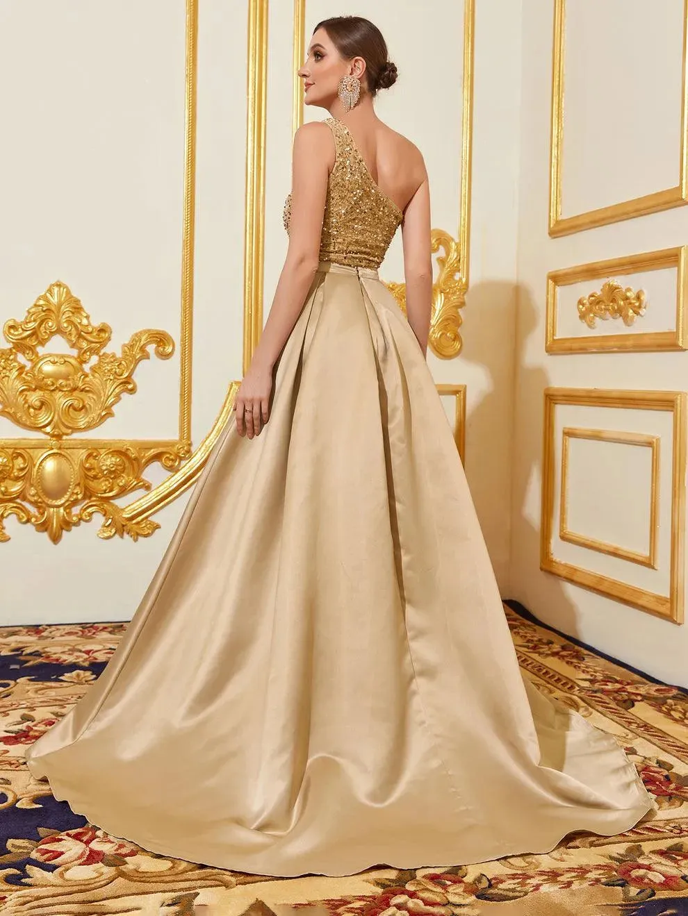 One Shoulder Satin Overlay Sequin Mermaid Dresses