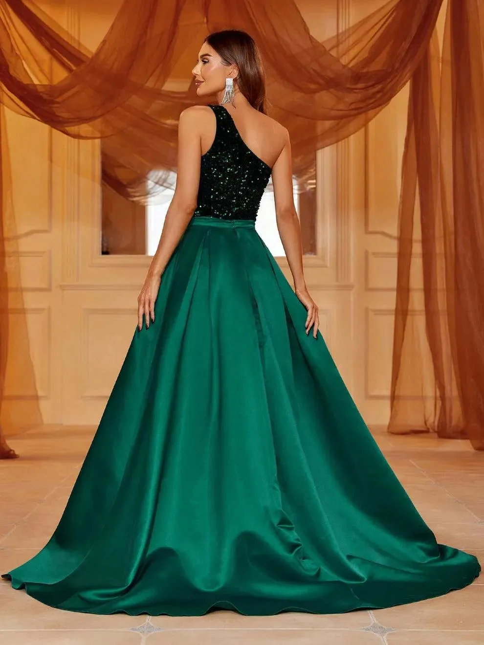 One Shoulder Satin Overlay Sequin Mermaid Dresses