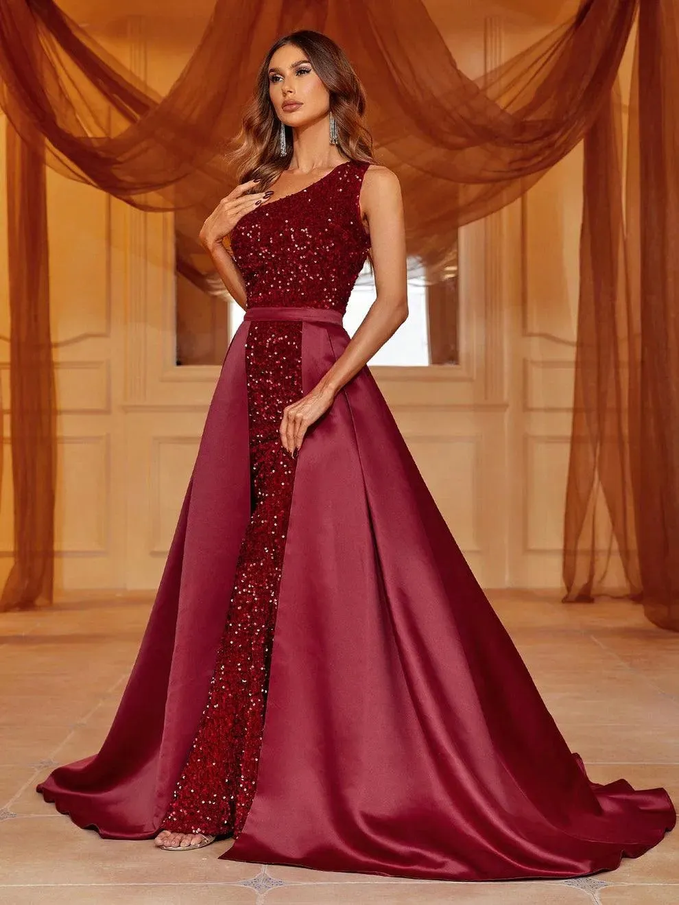 One Shoulder Satin Overlay Sequin Mermaid Dresses