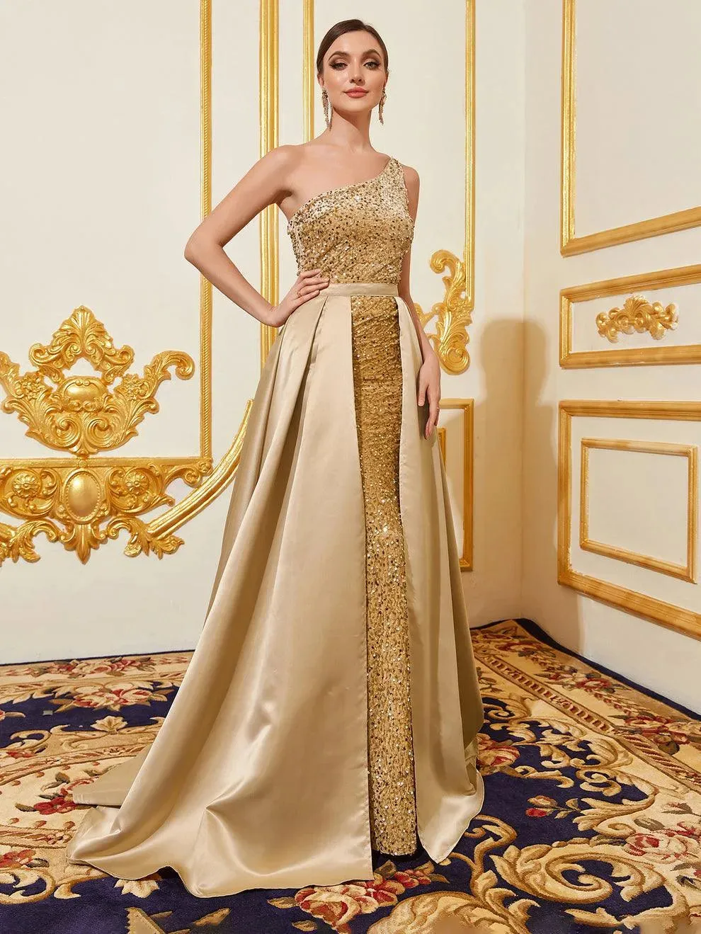 One Shoulder Satin Overlay Sequin Mermaid Dresses