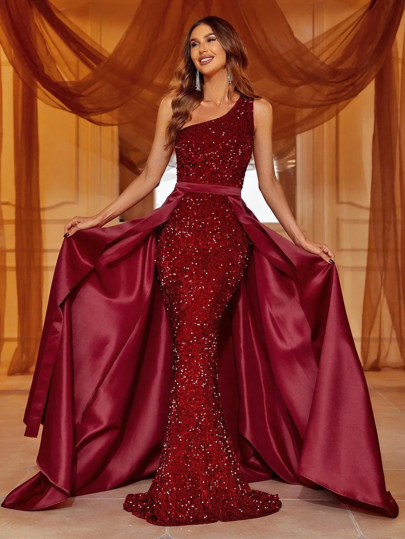 One Shoulder Satin Overlay Sequin Mermaid Dresses