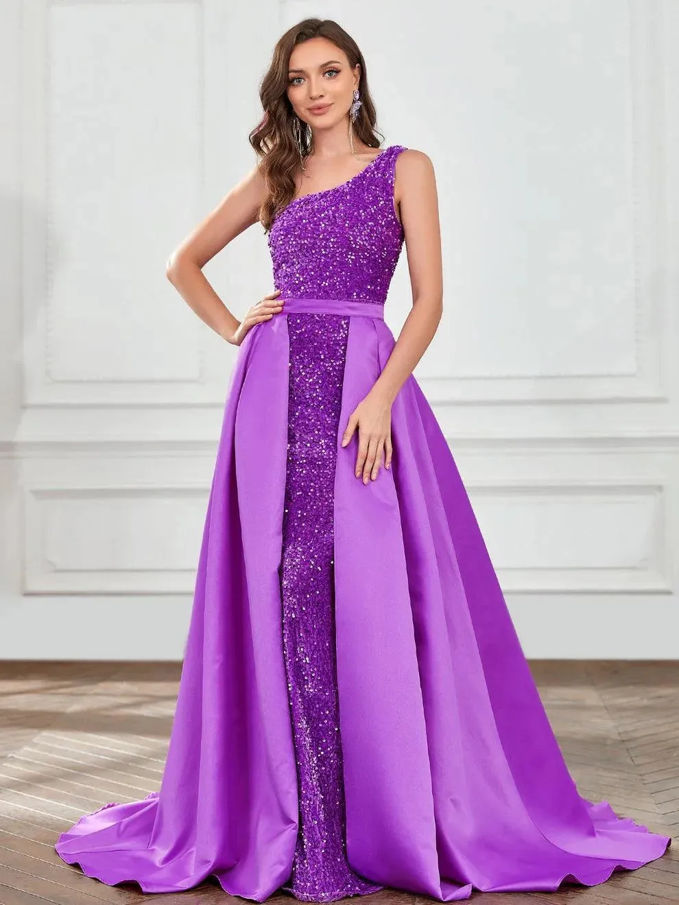 One Shoulder Satin Overlay Sequin Mermaid Dresses