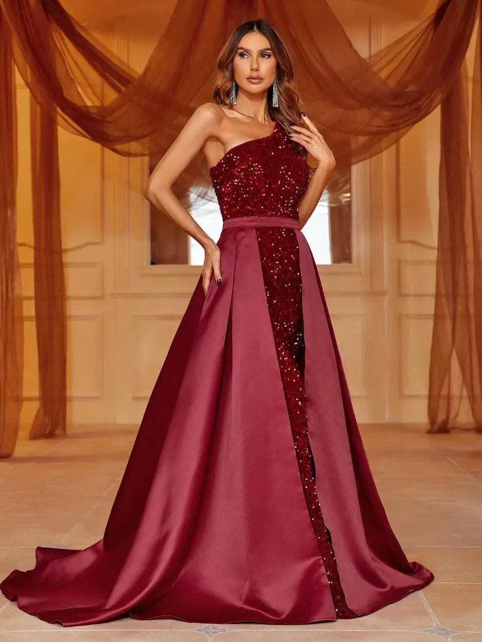 One Shoulder Satin Overlay Sequin Mermaid Dresses