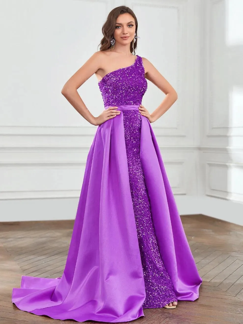 One Shoulder Satin Overlay Sequin Mermaid Dresses