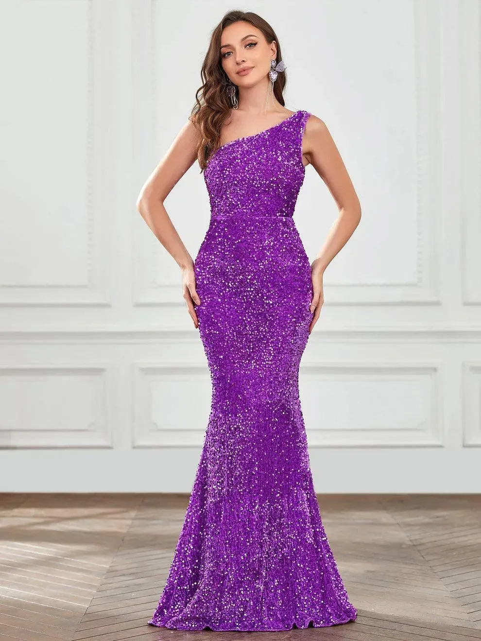 One Shoulder Satin Overlay Sequin Mermaid Dresses