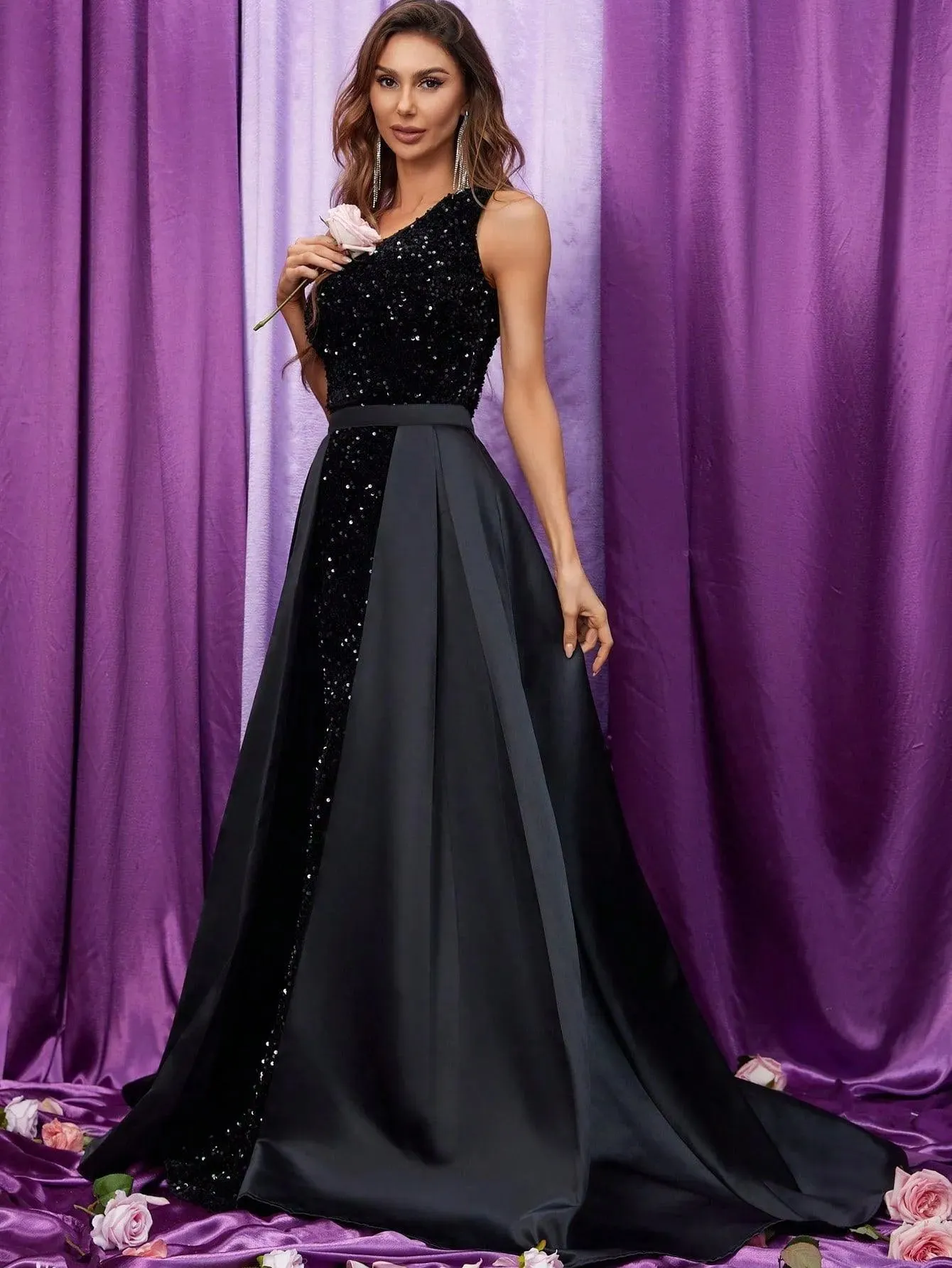 One Shoulder Satin Overlay Sequin Mermaid Dresses