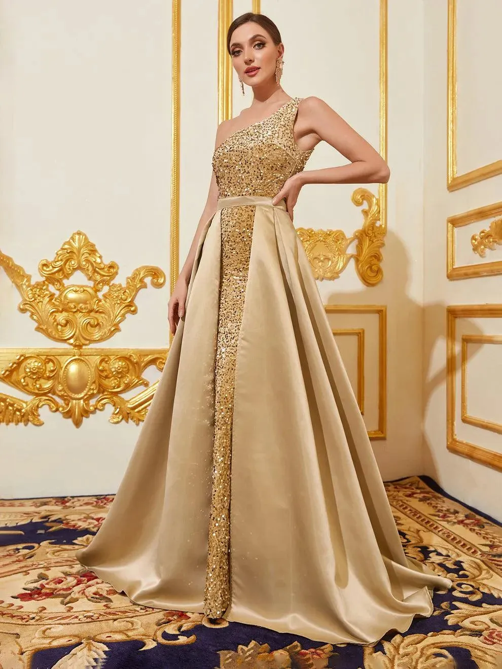 One Shoulder Satin Overlay Sequin Mermaid Dresses