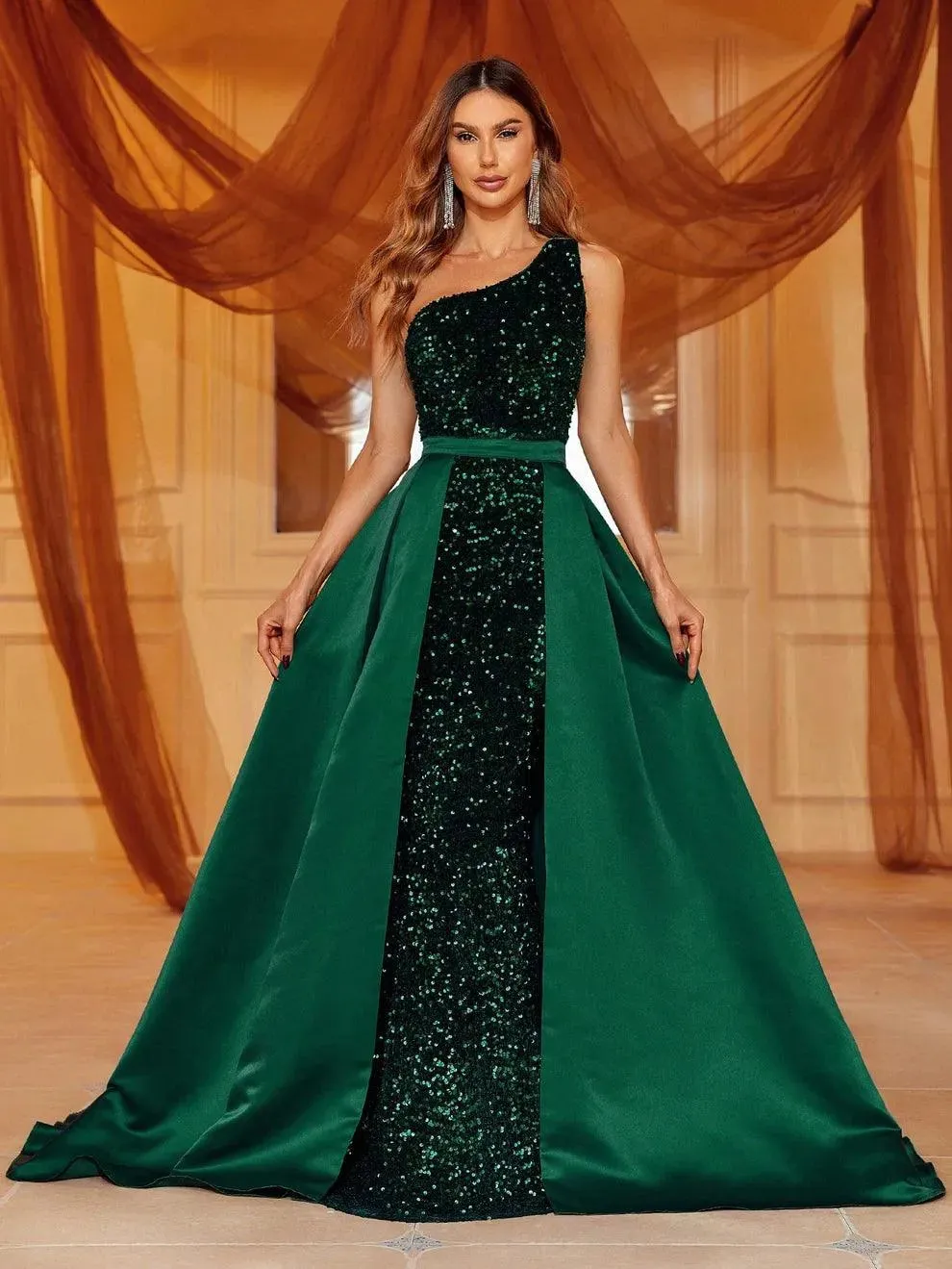 One Shoulder Satin Overlay Sequin Mermaid Dresses