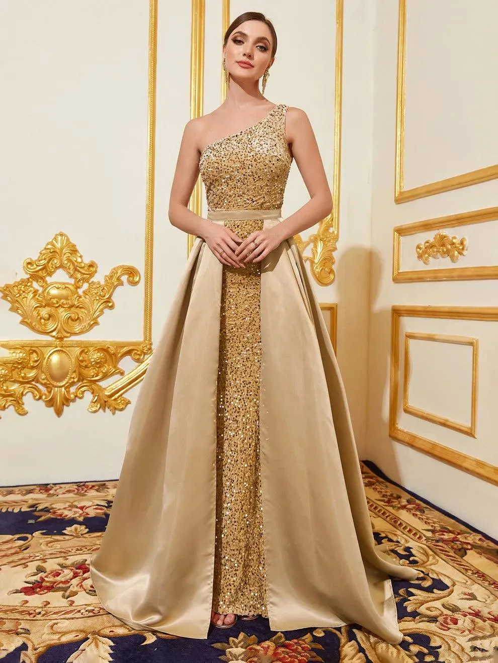 One Shoulder Satin Overlay Sequin Mermaid Dresses
