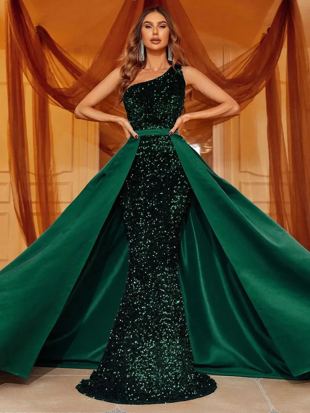 One Shoulder Satin Overlay Sequin Mermaid Dresses