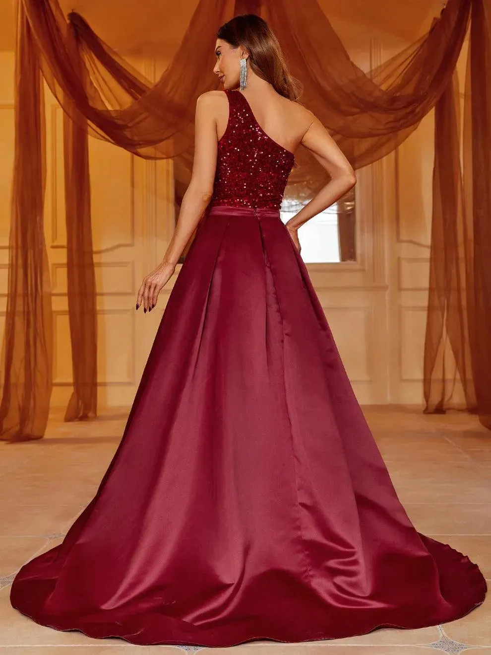 One Shoulder Satin Overlay Sequin Mermaid Dresses