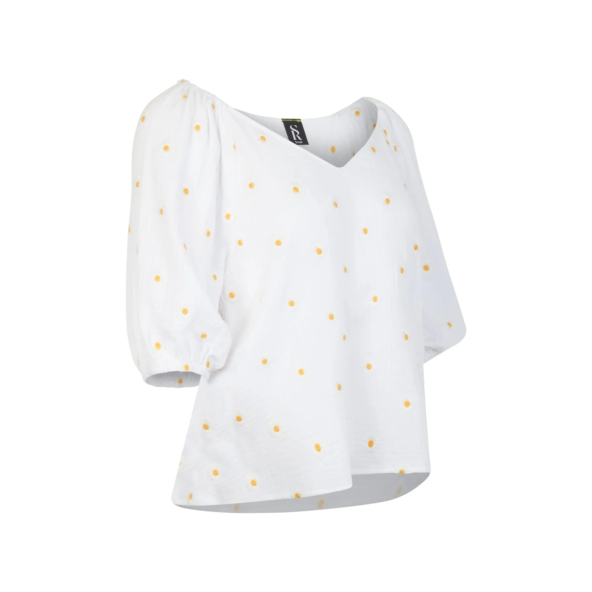 Pam Vneck White Cotton Gauze with Hand embroidered Daisies