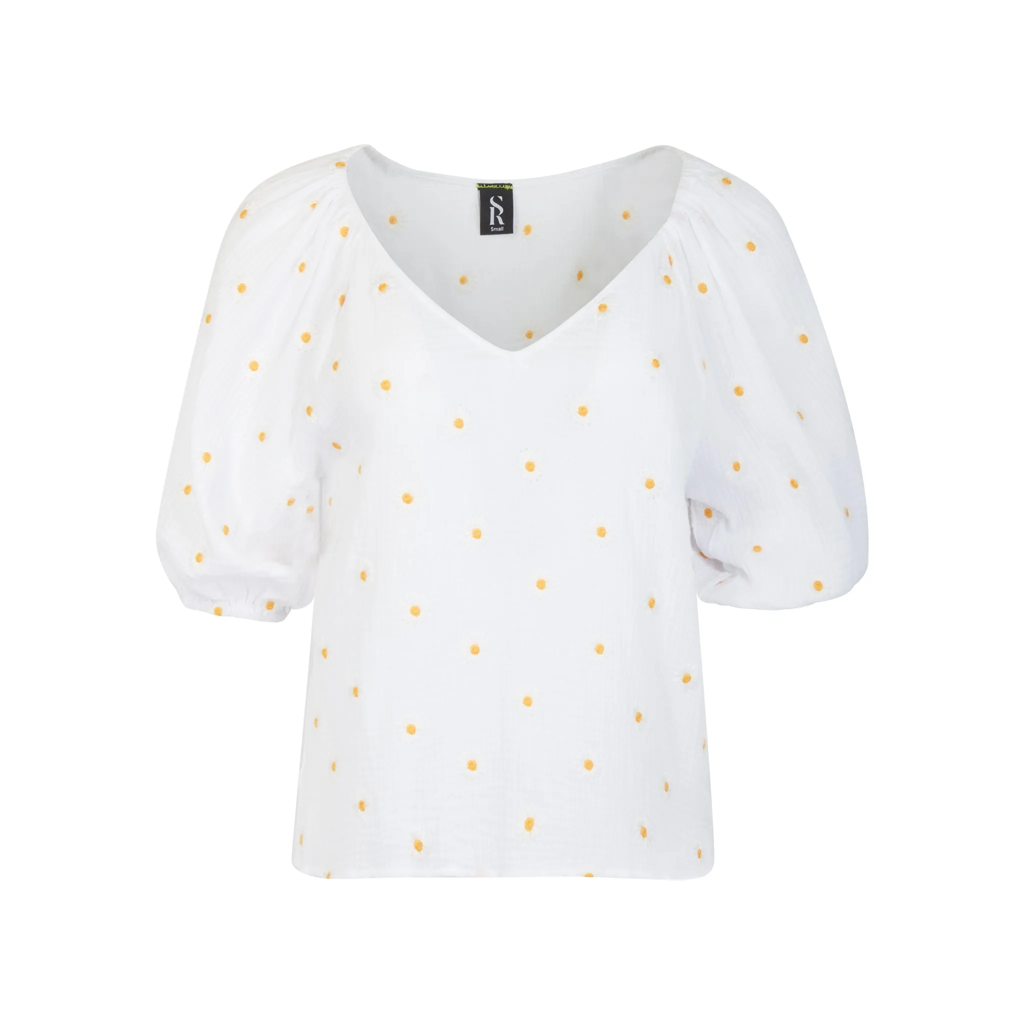 Pam Vneck White Cotton Gauze with Hand embroidered Daisies