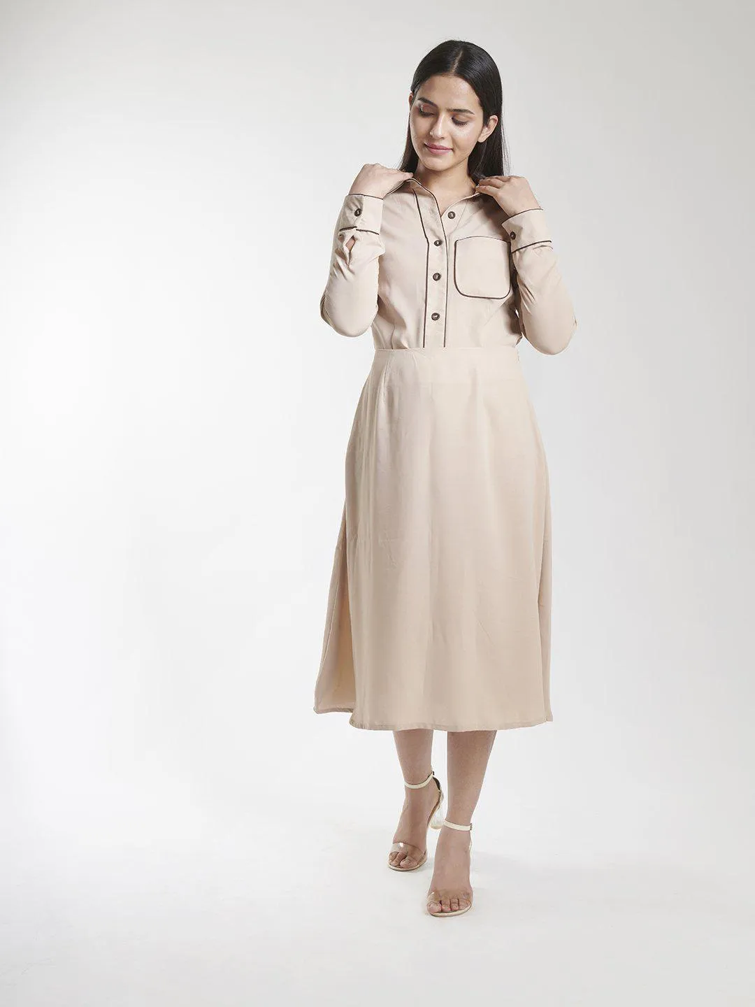 Poly Moss A line Skirt Suit - Beige