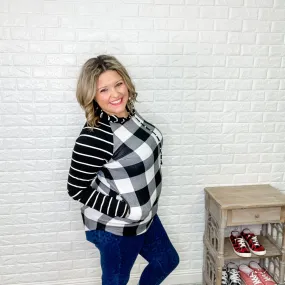 "Crystal" Light Weight Hoodie with Stripe Sleeve (Black & White Plaid)
