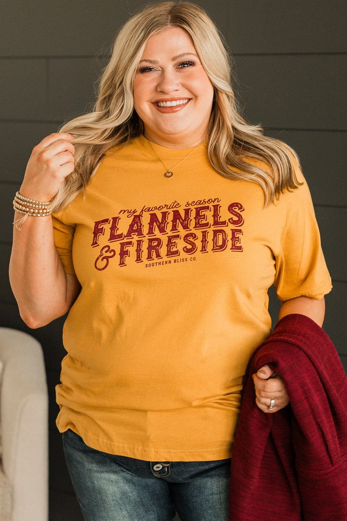 "Flannels & Fireside" Graphic Tee- Mustard