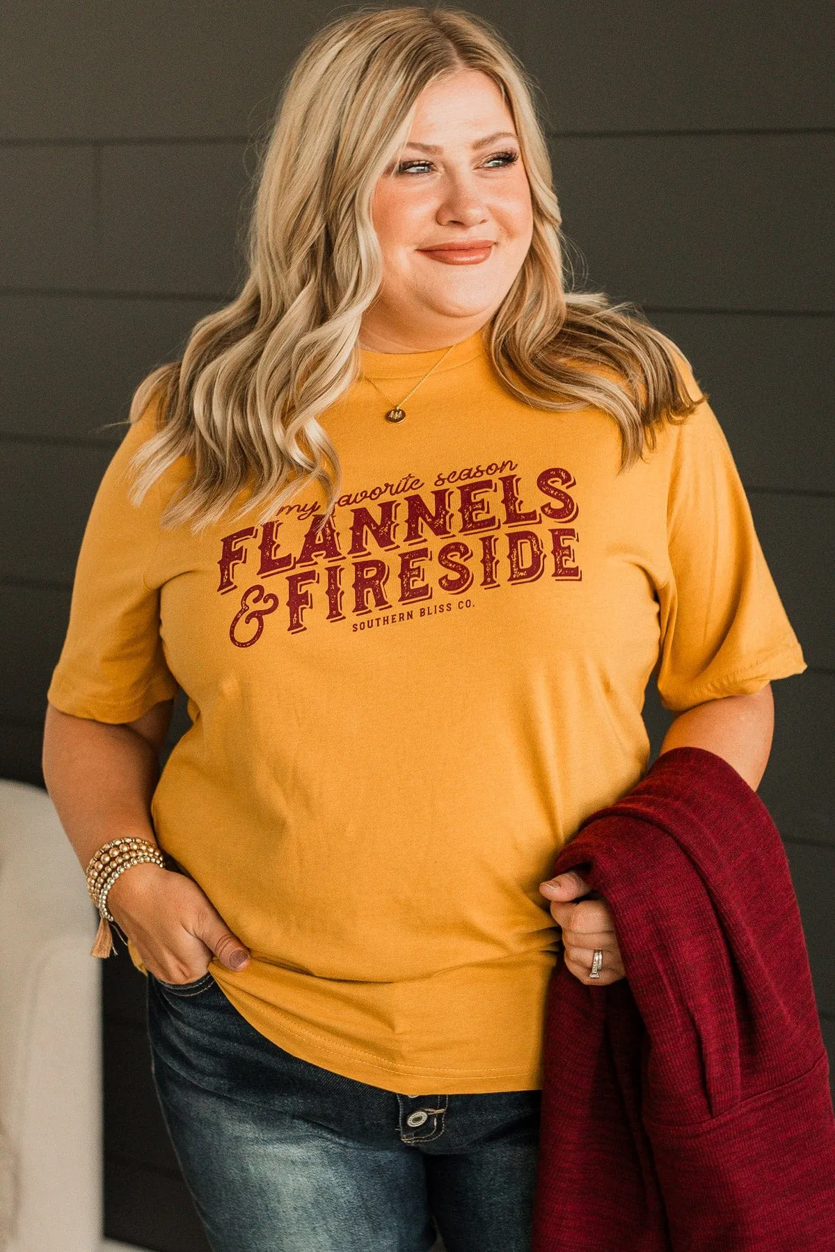 "Flannels & Fireside" Graphic Tee- Mustard