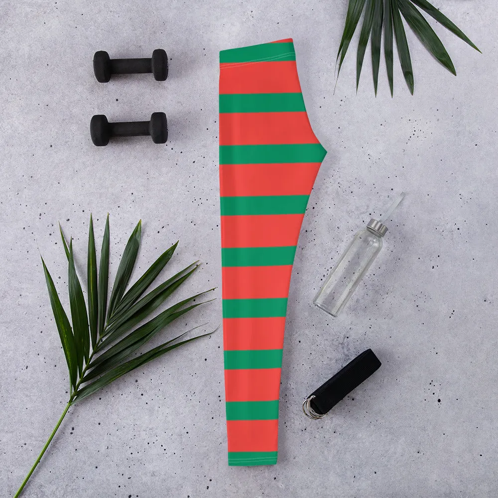 Red Green Striped Leggings for Women, Elf Christmas Xmas Holiday Costume Printed Graphic Yoga Pants Cute Workout Tights