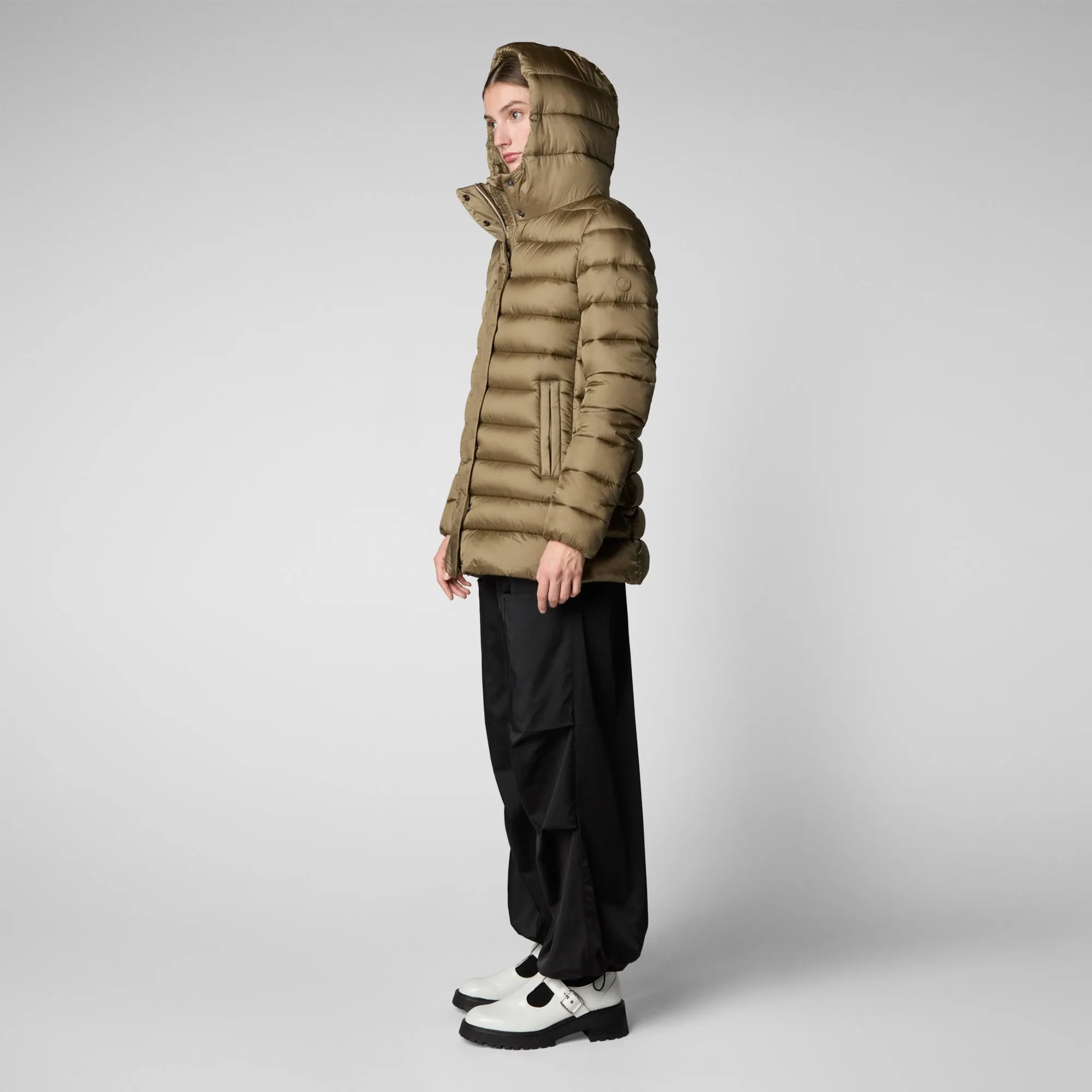 Woman's animal free hooded puffer jacket Drimia in husk green