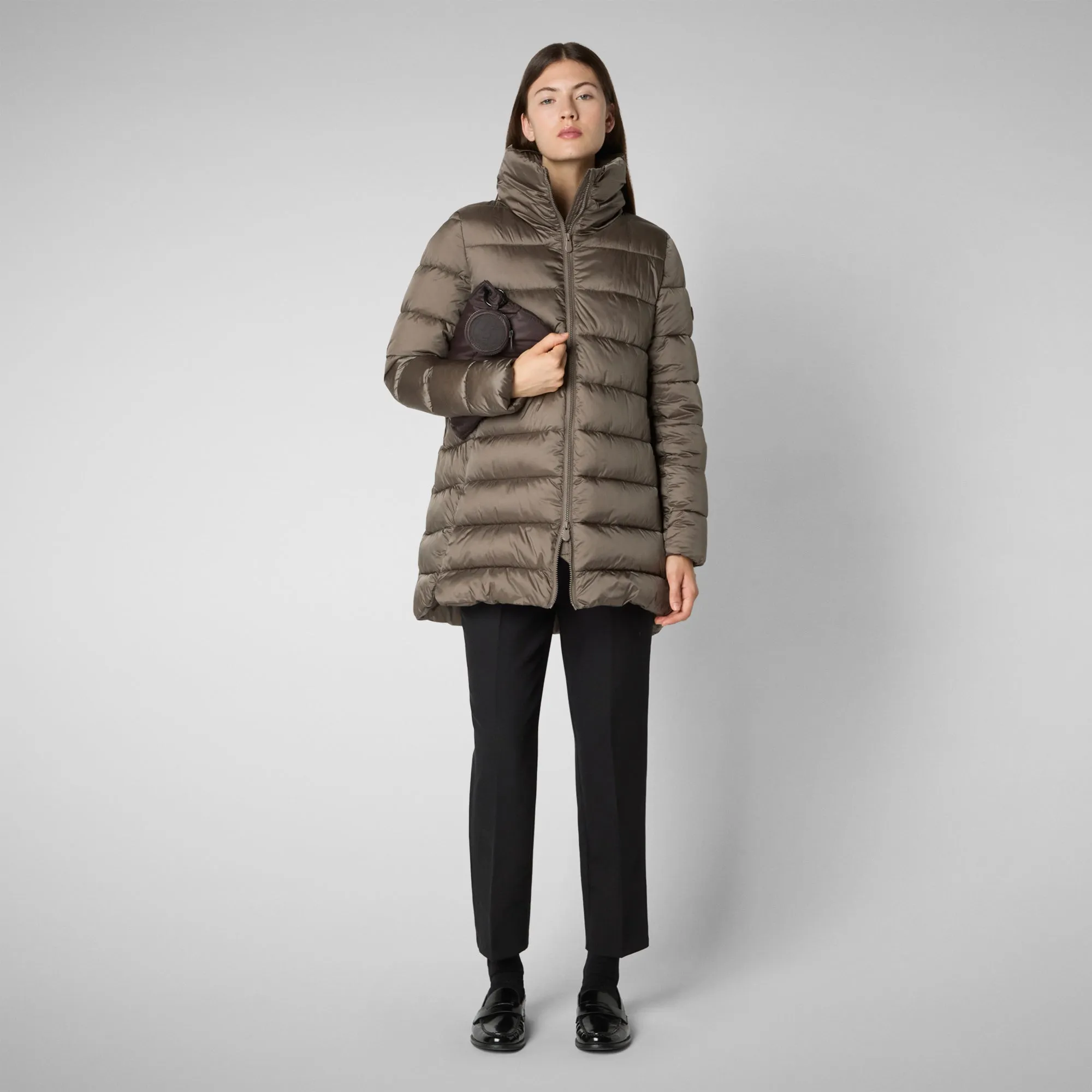 Woman's animal free hooded puffer jacket Matilda in mud grey