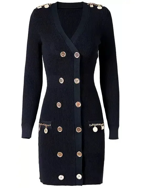 Women’s Double-Breasted Knit Mini Dress with Charm Details