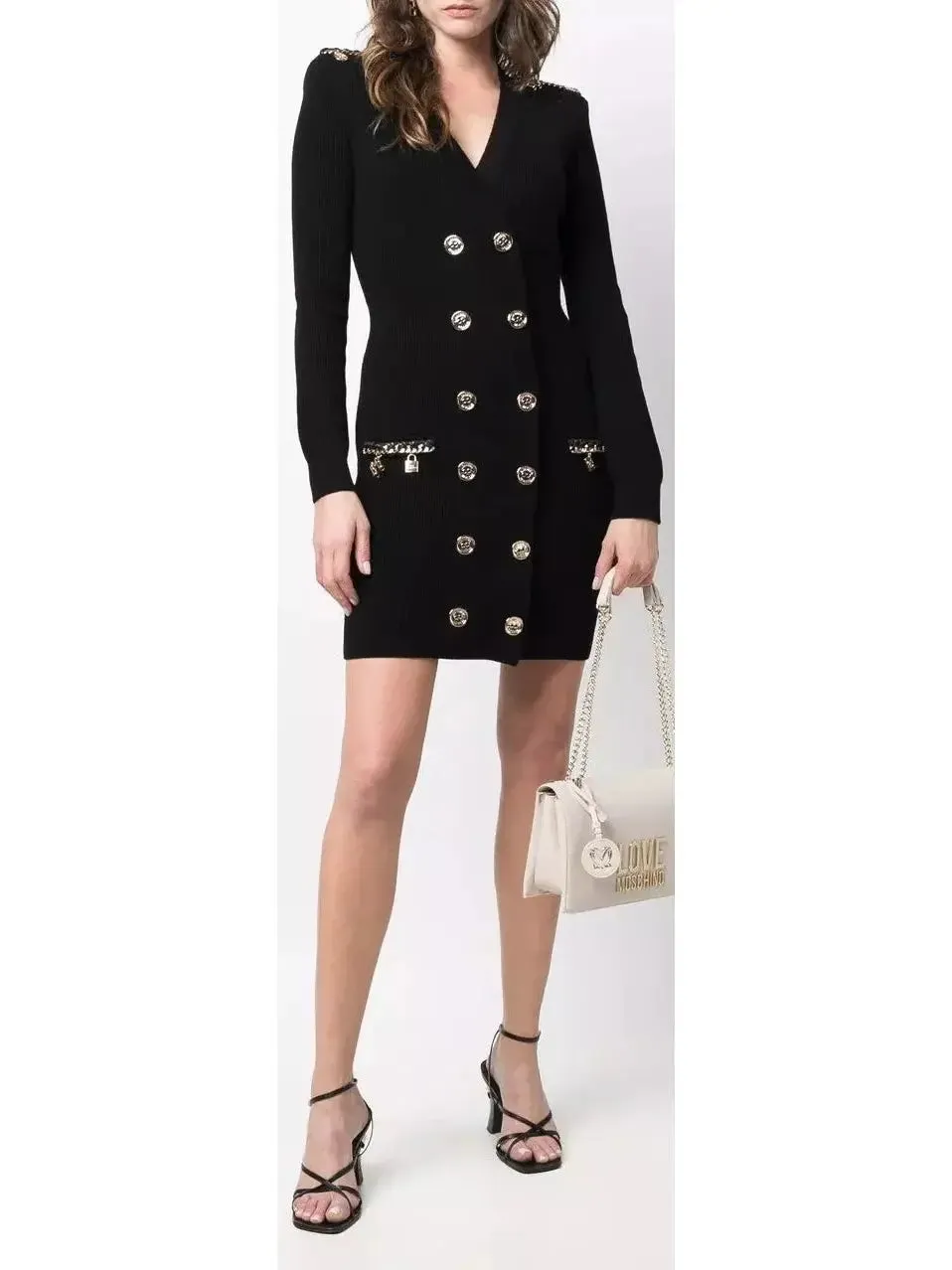 Women’s Double-Breasted Knit Mini Dress with Charm Details